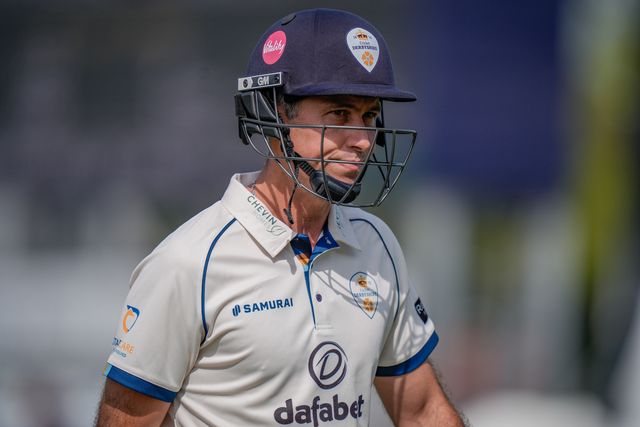 Dejected Wayne Madsen walks off after being caught by Ed Middleton off the bowling of Will Williams during the County Championship Division Two Derbyshire v Gloucestershire at The Central Co-Op County Ground, Derby, United Kingdom on 26 April 2026

(Photo by Maynard Manyowa/News Images)