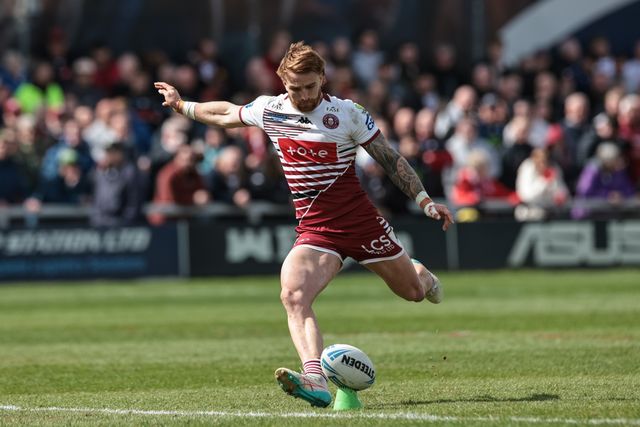 Adam Keighran of Wigan Warriors converts for a goal during the Betfred Challenge Cup Quarter Final match Wakefield Trinity vs Wigan Warriors at DIY Kitchens Stadium, Wakefield, United Kingdom on 12 April 2026

(Photo by Mark Cosgrove/News Images)