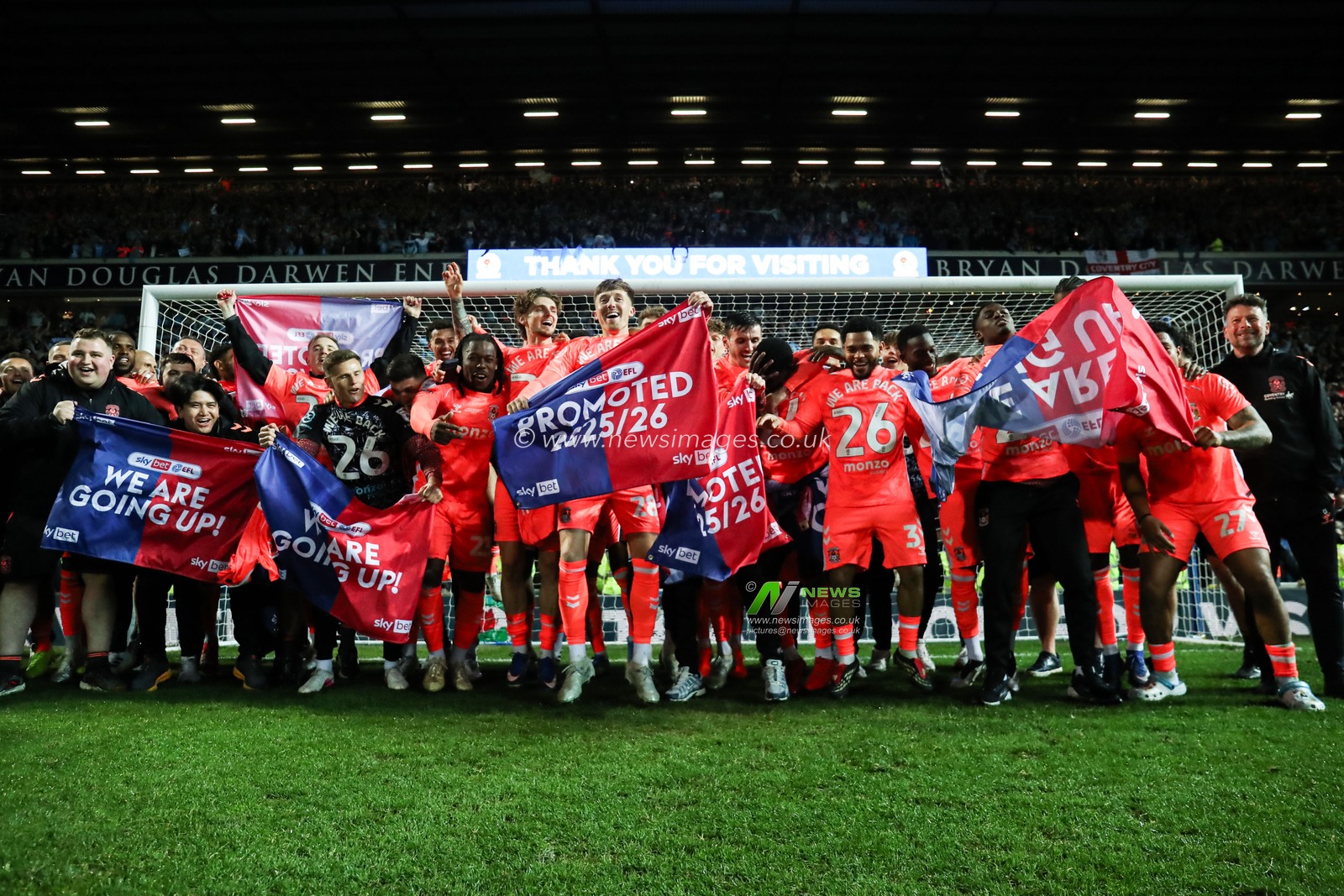 Coventry City celebrates promotion back to the Premier League after the Sky Bet Championship match Blackburn Rovers vs Coventry City at Ewood Park, Blackburn, United Kingdom on 17 April 2026

(Photo by Jorge Horsted/News Images)