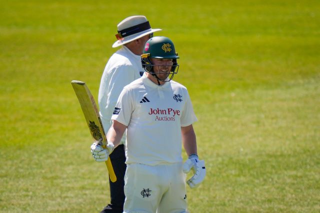 Ben Slater of Nottinghamshire celebrates scoring his 50 and raises his bat to acknowledge the fans and team mates on reaching a half century during Leicestershire County Cricket Club vs Nottinghamshire County Cricket Club in Country Cricket Division One Day 1 at Grace Road, Leicester, United Kingdom on 01 May 2026

(Photo by Maynard Manyowa/News Images)