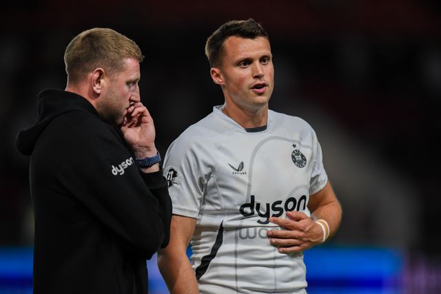 Tom Carr-Smith of Bath Rugby and Finn Russell of Bath Rugby chat following Bath’s loss in the Gallagher Premiership match Bristol Bears vs Bath at Ashton Gate, Bristol, United Kingdom on 29 May 2026

(Photo by Alex Williamson/News Images)