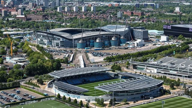 An aerial view of The Joie Stadium and the Etihad Stadium during the FA Youth Cup Final match Manchester City U18 vs Manchester United U18 at Joie Stadium, Manchester, United Kingdom on 14 May 2026

(Photo by Mark Cosgrove/News Images)