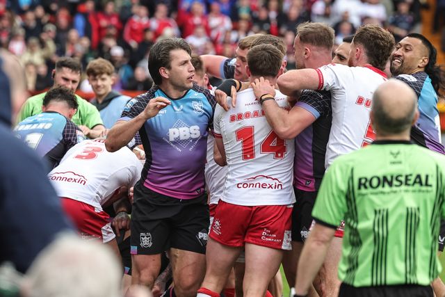 Tempers flare after Jez Litten of Hull KR goes over for a try during the Betfred Super League round 7 match Hull KR vs Hull FC at Sewell Group Craven Park, Hull, United Kingdom on 03 April 2026

(Photo by Mark Cosgrove/News Images)