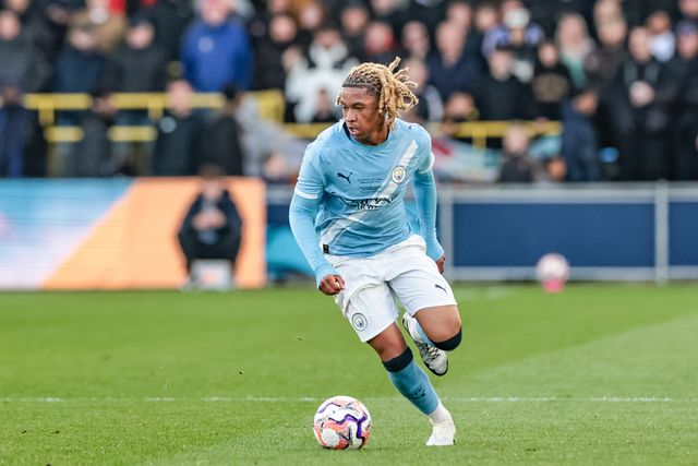 Tyrone Samba of Manchester City U18's breaks with the ball during the FA Youth Cup Final match Manchester City U18 vs Manchester United U18 at Joie Stadium, Manchester, United Kingdom on 14 May 2026

(Photo by Mark Cosgrove/News Images)