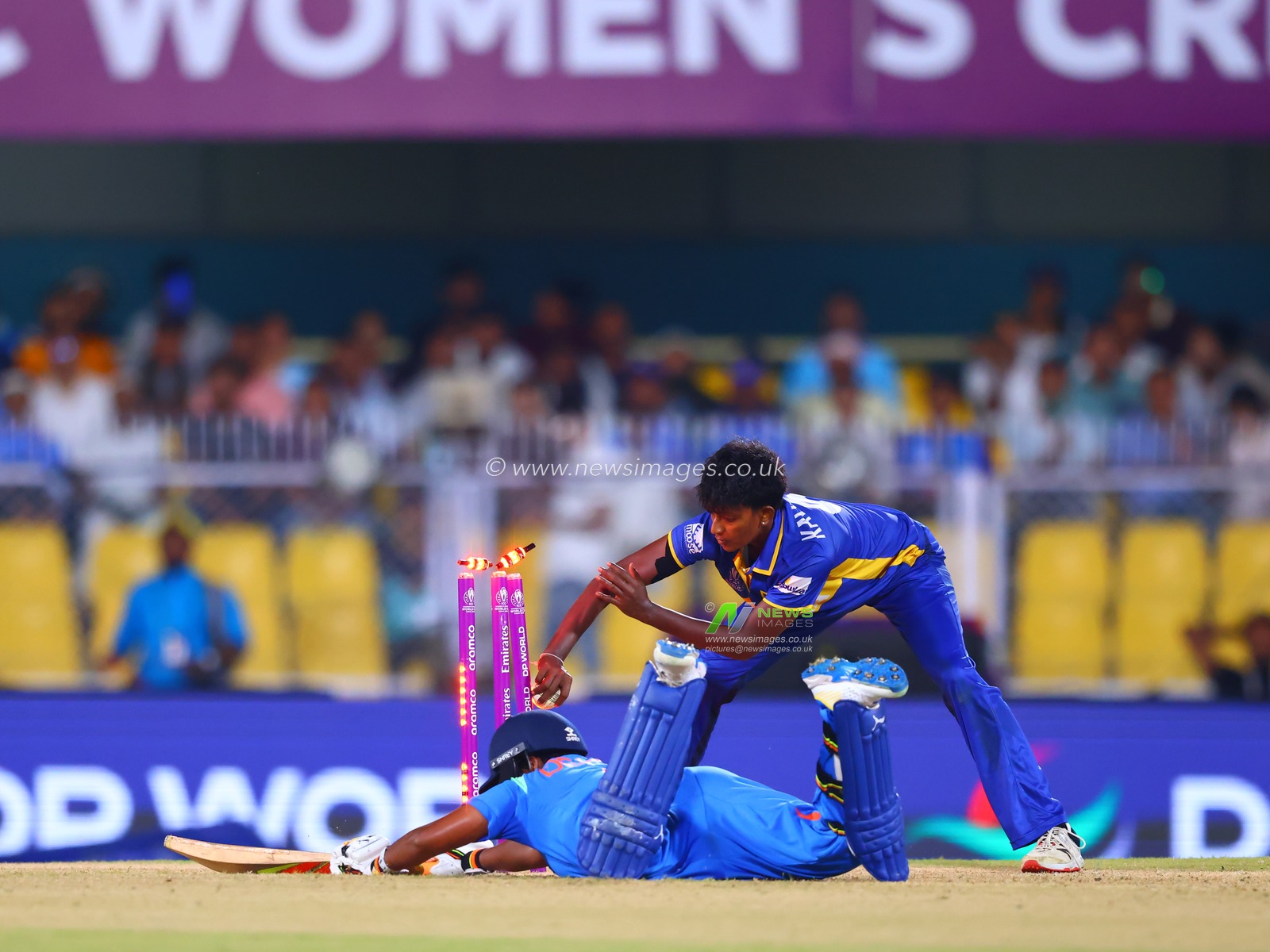 Kavisha Dilhari of Sri Lanka in action trying to stump out Depti Sharma of India during the ICC Women's World Cup India Women v Sri Lanka Women at ACA Barsapara Cricket Stadium, Guwahati, India, 30th September 2025

(Photo by Shubhajit Roy Karmakar/News Images)