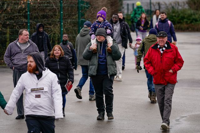 Stoke City fans walk to the stadium prior to kick off as the rain stops for a while during the Emirates FA Cup 4th Round  match Stoke City vs Fulham at Bet365 Stadium, Stoke On Trent, United Kingdom on 15 February 2026

(Photo by Maynard Manyowa/News Images)