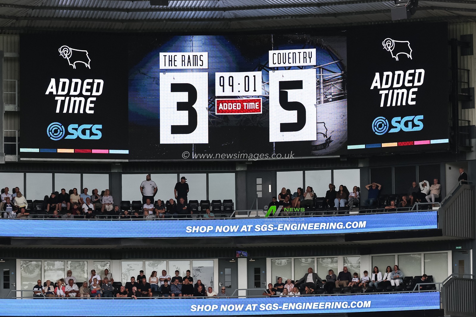 The LCD screen shows the final score of Derby 3-5 Coventry during the Sky Bet Championship match Derby County vs Coventry City at Pride Park Stadium, Derby, United Kingdom, 16th August 2025

(Photo by Mark Cosgrove/News Images)
