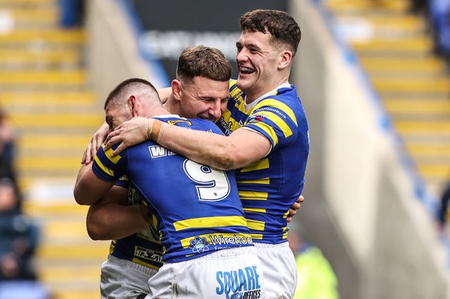 George Williams of Warrington Wolves celebrates his try during the Betfred Super League round 7 match Warrington Wolves vs Leigh Leopards at The Halliwell Jones Stadium, Warrington, United Kingdom on 04 April 2026

(Photo by Alfie Cosgrove/News Images)
