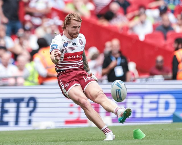 Adam Keighran of Wigan Warriors converts for a goal during the Betfred Challenge Cup Final match Wigan Warriors vs Hull KR at Wembley Stadium, London, United Kingdom on 30 May 2026

(Photo by Mark Cosgrove/News Images)