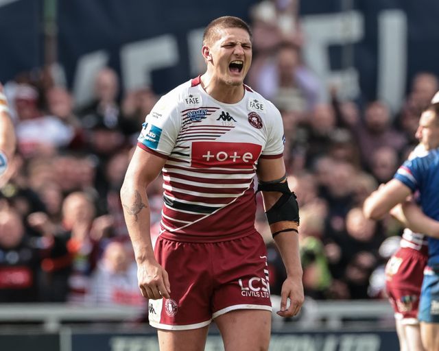 Sam Walters of Wigan Warriors celebrates the 22-26 win during the Betfred Challenge Cup Quarter Final match Wakefield Trinity vs Wigan Warriors at DIY Kitchens Stadium, Wakefield, United Kingdom on 12 April 2026

(Photo by Mark Cosgrove/News Images)