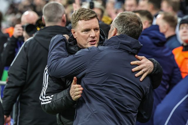 Eddie Howe manager of Newcastle United embraces Hansi Flick manager of Barcelona ahead of the UEFA Champions League Last 16 match Newcastle Untied vs Barcelona at St. James's Park, Newcastle, United Kingdom on 10 March 2026

(Photo by Mark Cosgrove/News Images)
