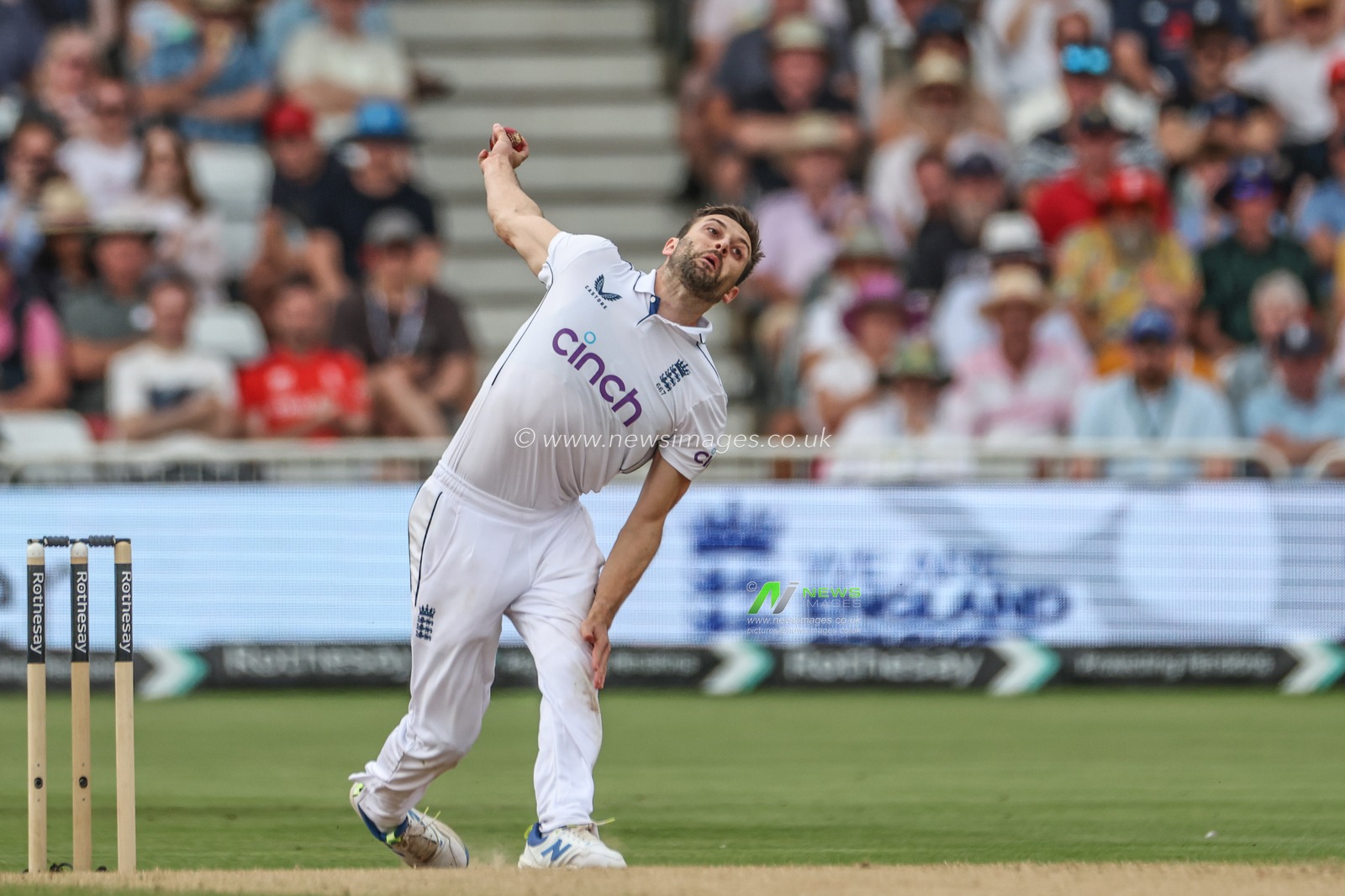 Mark Wood of England delivers the ball during the Rothesay Test Match day four match England vs West Indies at Trent Bridge, Nottingham, United Kingdom, 21st July 2024

(Photo by Mark Cosgrove/News Images)
