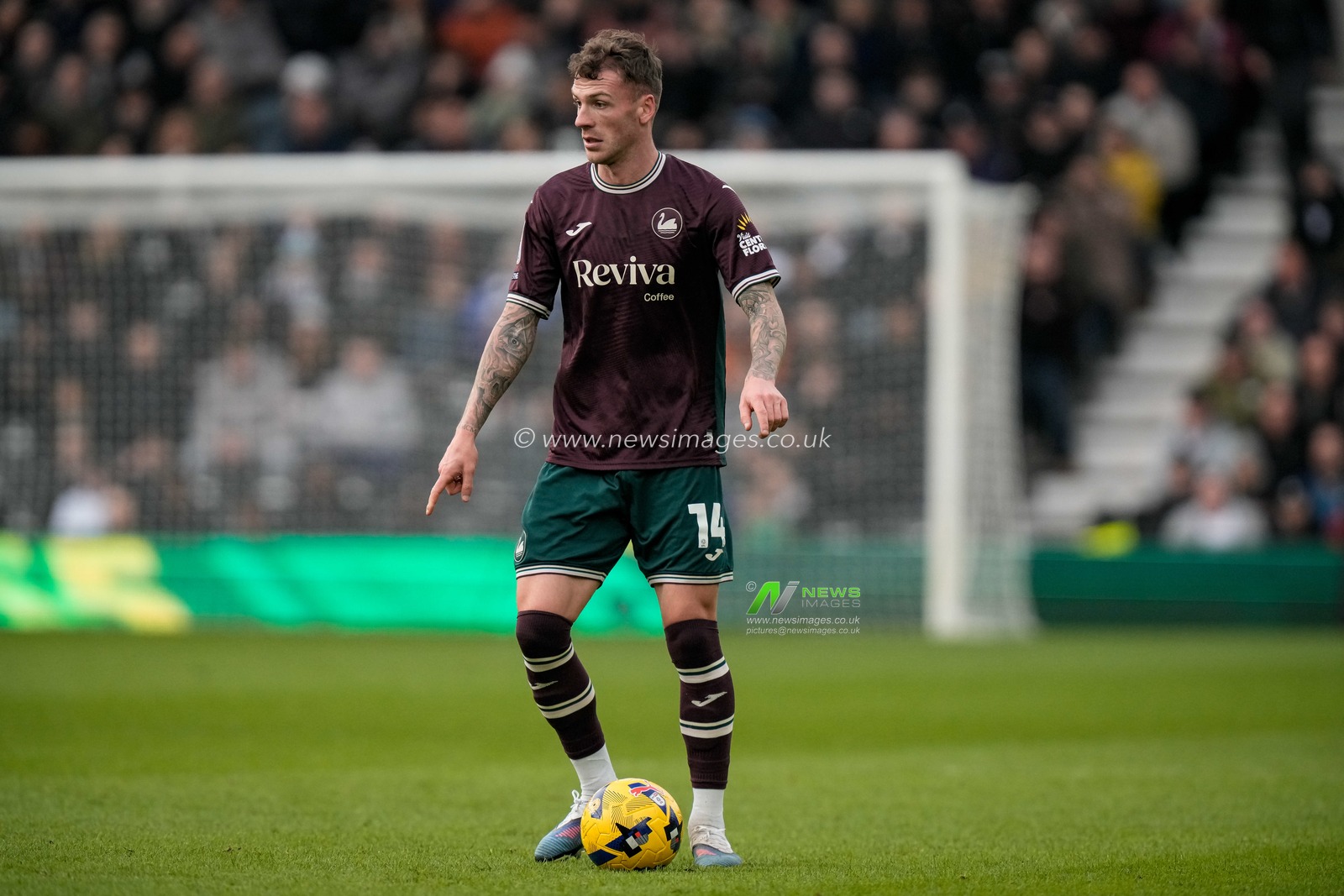 Josh Tymon of Swansea City makes a run with the ball  during the Sky Bet Championship match Derby County vs Swansea City at Pride Park Stadium, Derby, United Kingdom on 14 February 2026

(Photo by Maynard Manyowa/News Images)