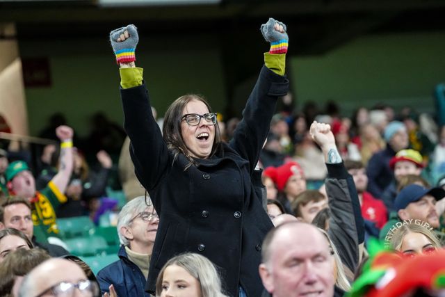 South African fans celebrate during the Quilter Nations Series 2025 match Wales vs South Africa at Principality Stadium, Cardiff, United Kingdom, 29th November 2025

(Photo by Andrew Lewis/News Images)

*** GER AUT SUI OUT ***