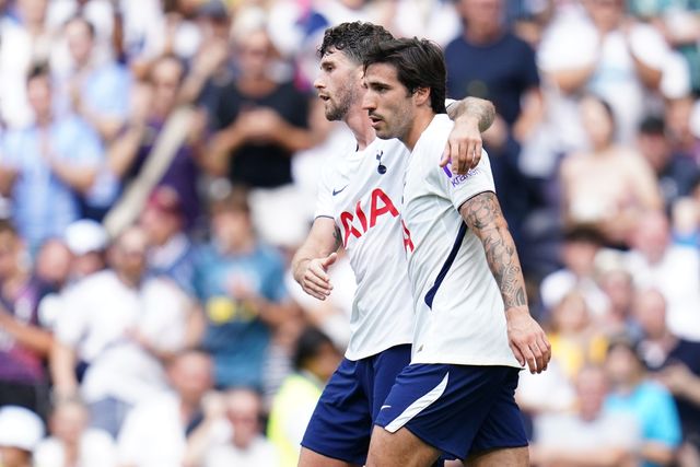 Marcos Senesi of Tottenham Hotspur and Sandro Tonali of Tottenham Hotspur after goal during the pre-season friendly match Tottenham Hotspur vs Hoffenheim at Tottenham Hotspur Stadium, London, United Kingdom on 15 August 2026

(Photo by Harvey Murphy/News Images)