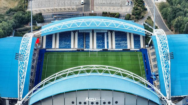 An aerial view of Accu Stadium ahead of the Betfred Super League Round 23 match Huddersfield Giants vs Warrington Wolves at Accu Stadium, Huddersfield, United Kingdom, 24th August 2025

(Photo by Alfie Cosgrove/News Images)