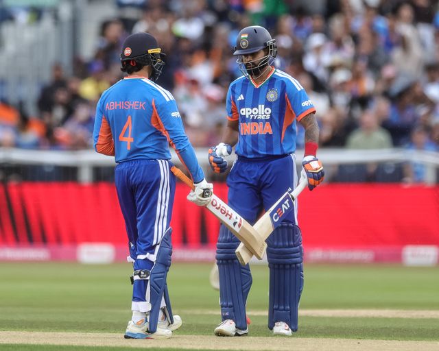Abhishek Sharma of India and India captain Shreyas Iyer crossed bats during the First Vitality T20 International match England vs India at Banks Homes Riverside Stadium, Chester-le-street, United Kingdom on 01 July 2026

(Photo by Mark Cosgrove/News Images)