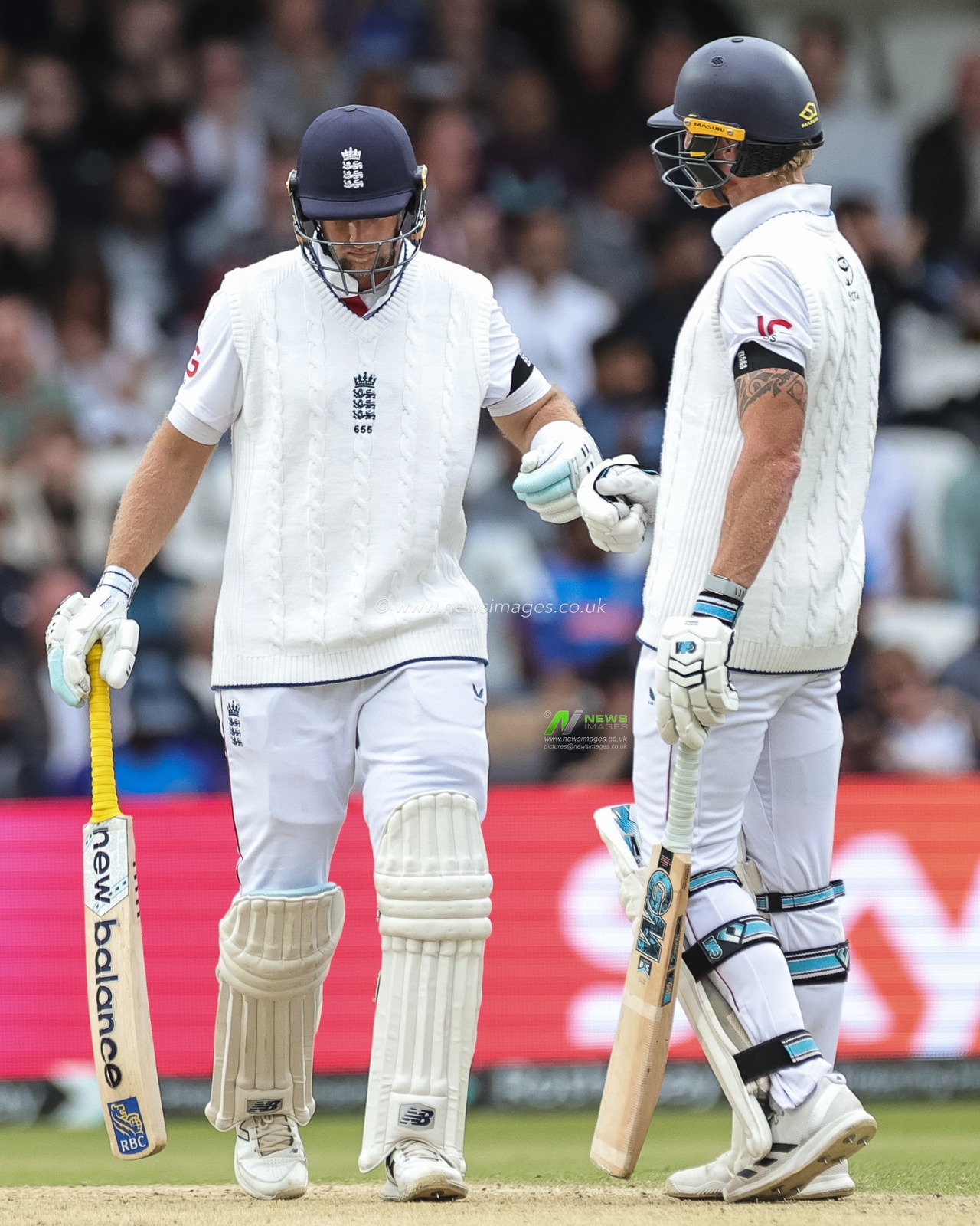 Joe Root of England and England captain Ben Stokes celebrate England notching up 300 runs during the 1st Rothesay Test Match Day 5 England vs India at Headingley Cricket Ground, Leeds, United Kingdom, 24th June 2025

(Photo by Mark Cosgrove/News Images)