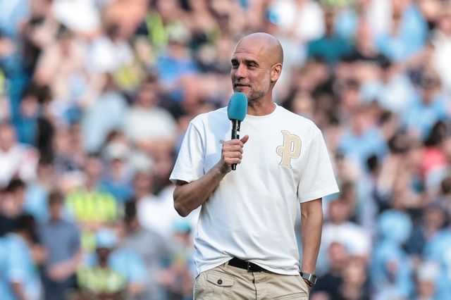 Pep Guardiola manager of Manchester City fights the tears in an emotional last gameas City announce they are naming the new stand after him “The Pep Guardiola  Stand during the Premier League match Manchester City vs Aston Villa at Etihad Stadium, Manchester, United Kingdom on 24 May 2026

(Photo by Mark Cosgrove/News Images)