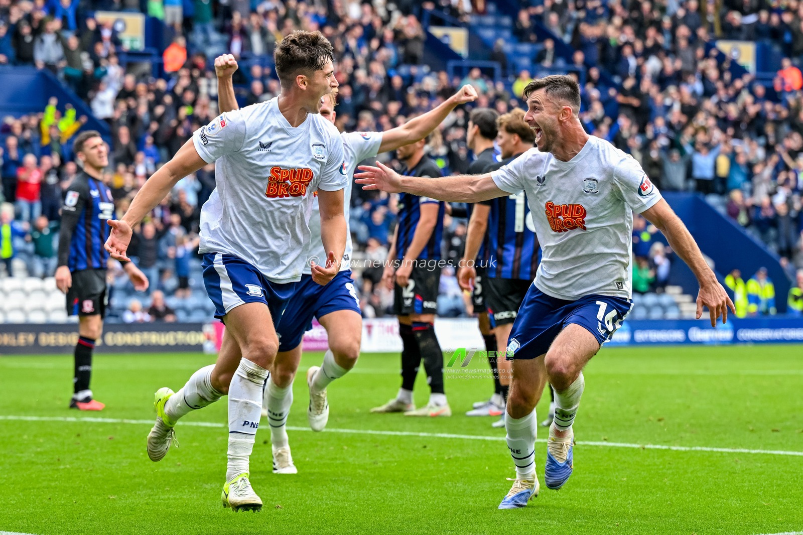 Jordan Story of Preston North End  celebrates with Andrew Hughes of Preston North End during the Sky Bet Championship match Preston North End vs Middlesbrough at Deepdale, Preston, United Kingdom, 13th September 2025

(Photo by Adam Gee/News Images)
