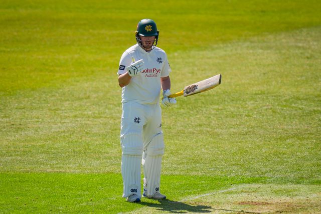 Ben Slater of Nottinghamshire celebrates scoring his 50 and raises his bat to acknowledge the fans and team mates on reaching a half century during Leicestershire County Cricket Club vs Nottinghamshire County Cricket Club in Country Cricket Division One Day 1 at Grace Road, Leicester, United Kingdom on 01 May 2026

(Photo by Maynard Manyowa/News Images)