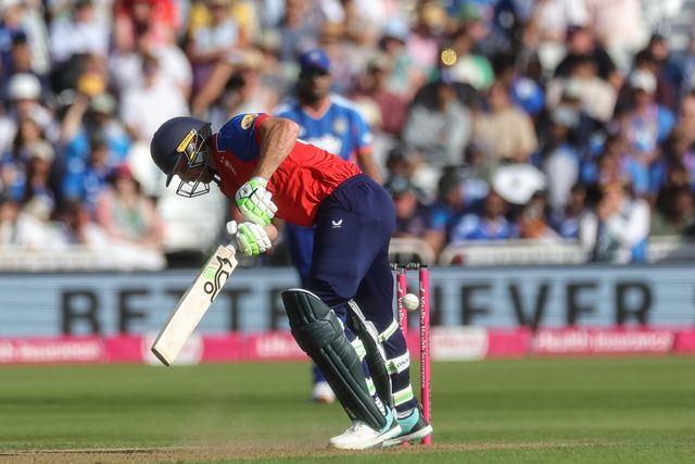 Jos Buttler of England is bowled out by Prince Yadav of India during the Third Vitality T20 International match England vs India at Trent Bridge, Nottingham, United Kingdom on 07 July 2026

(Photo by Mark Cosgrove/News Images)