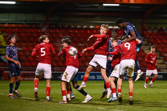 Terry Bondo of Blackpool heads on goal during the FA Youth Cup U18â€™s match Crewe Alexandra vs Blackpool at The Mornflake Stadium, Crewe, United Kingdom, 27th November 2024

(Photo by Craig Thomas/News Images)