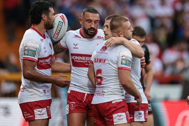 Mikey Lewis of Hull KR celebrates his hat-trick of try's during the Betfred Super League round 12 match Hull KR vs Wigan Warriors at Sewell Group Craven Park, Hull, United Kingdom on 21 May 2026

(Photo by Mark Cosgrove/News Images)