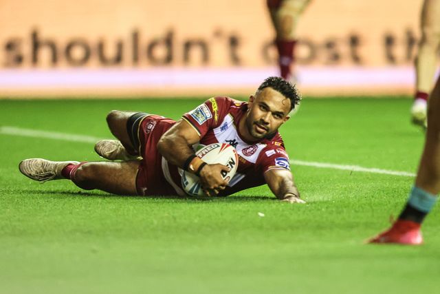 Bevan French of Wigan Warriors goes over for a try during the Betfred Super League Semi Final 1 match Wigan Warriors vs Leigh Leopards at The Brick Community Stadium, Wigan, United Kingdom, 3rd October 2025

(Photo by Alfie Cosgrove/News Images)