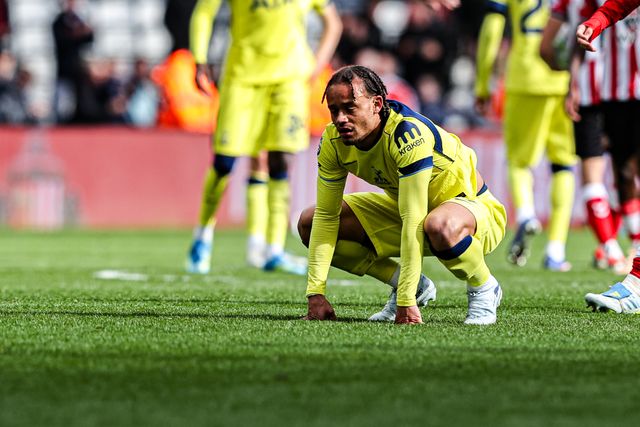A dejected Xavi Simons of Tottenham Hotspur reacts as the full time whistle is blown during the Premier League match Sunderland vs Tottenham Hotspur at Stadium Of Light, Sunderland, United Kingdom on 12 April 2026

(Photo by Alfie Cosgrove/News Images)
