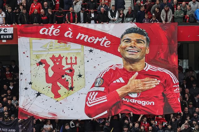 A thank you Casemiro of Manchester United flag as he plays his last home game for United during the Premier League match Manchester United vs Nottingham Forest at Old Trafford, Manchester, United Kingdom on 17 May 2026

(Photo by Mark Cosgrove/News Images)