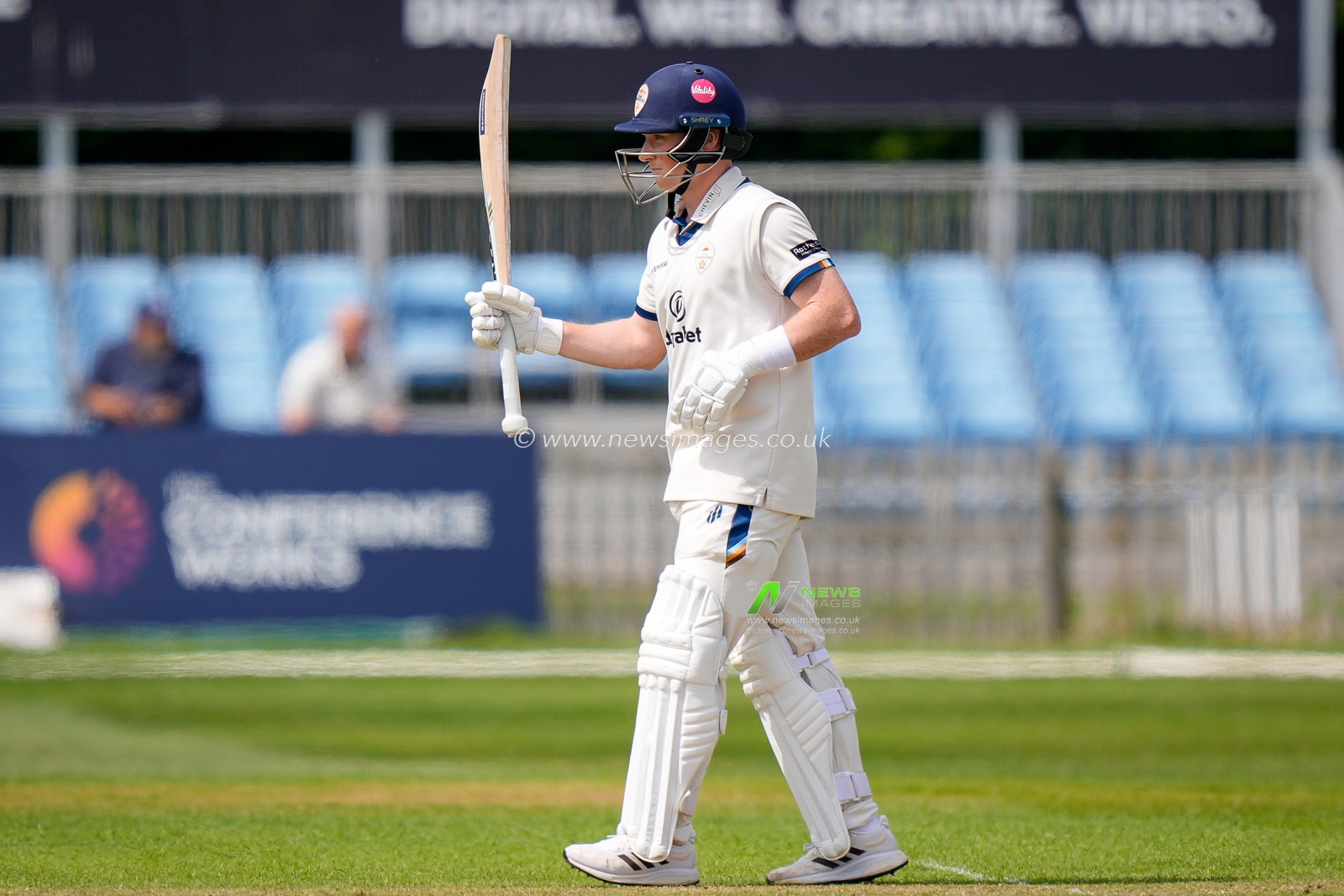 Harry Came of Derbyshire celebrates reaching his 50 by raising his bat to acknowledge the dressing room cheering his half century during the County Championship Division Two Derbyshire vs Northamptonshire day one match at The Central Co-Op County Ground, Derby, United Kingdom on 08 May 2026

(Photo by Maynard Manyowa/News Images)