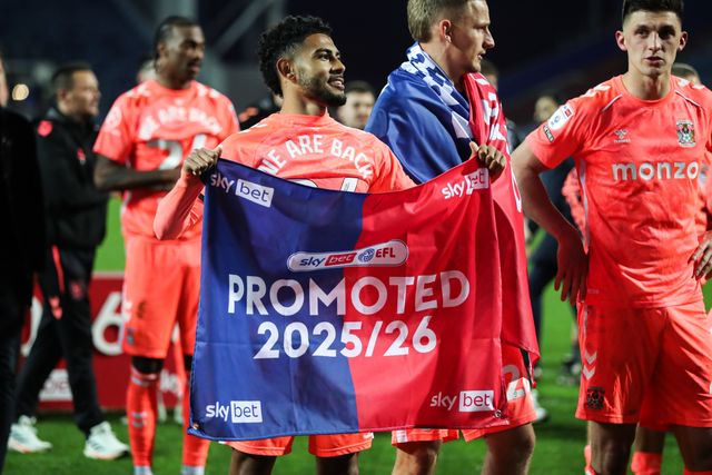 Kaine Kesler Hayden of Coventry City celebrates promotion back to the Premier League after the Sky Bet Championship match Blackburn Rovers vs Coventry City at Ewood Park, Blackburn, United Kingdom on 17 April 2026

(Photo by Jorge Horsted/News Images)