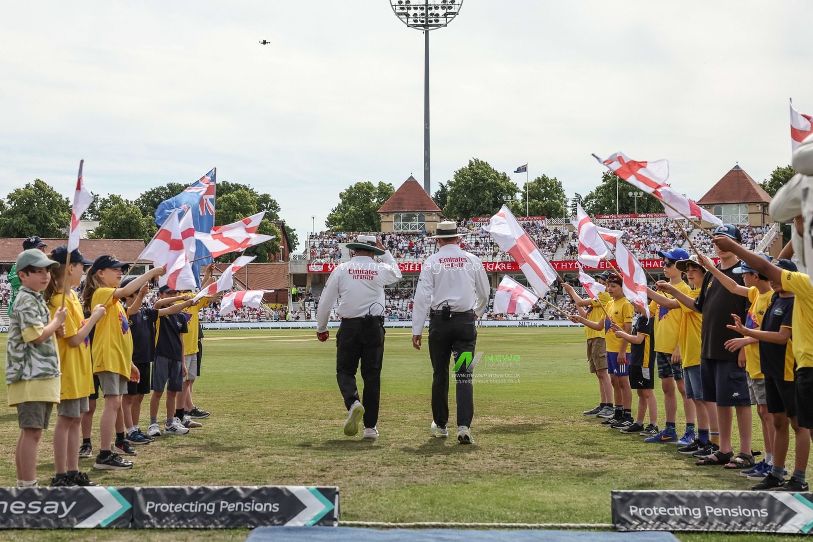 Umpires Nitin Menon and Rod Tucker walk out for the star of play during the 3rd Rothesay Test Match Day 3 match England vs New Zealand at Trent Bridge, Nottingham, United Kingdom on 27 June 2026

(Photo by Mark Cosgrove/News Images)