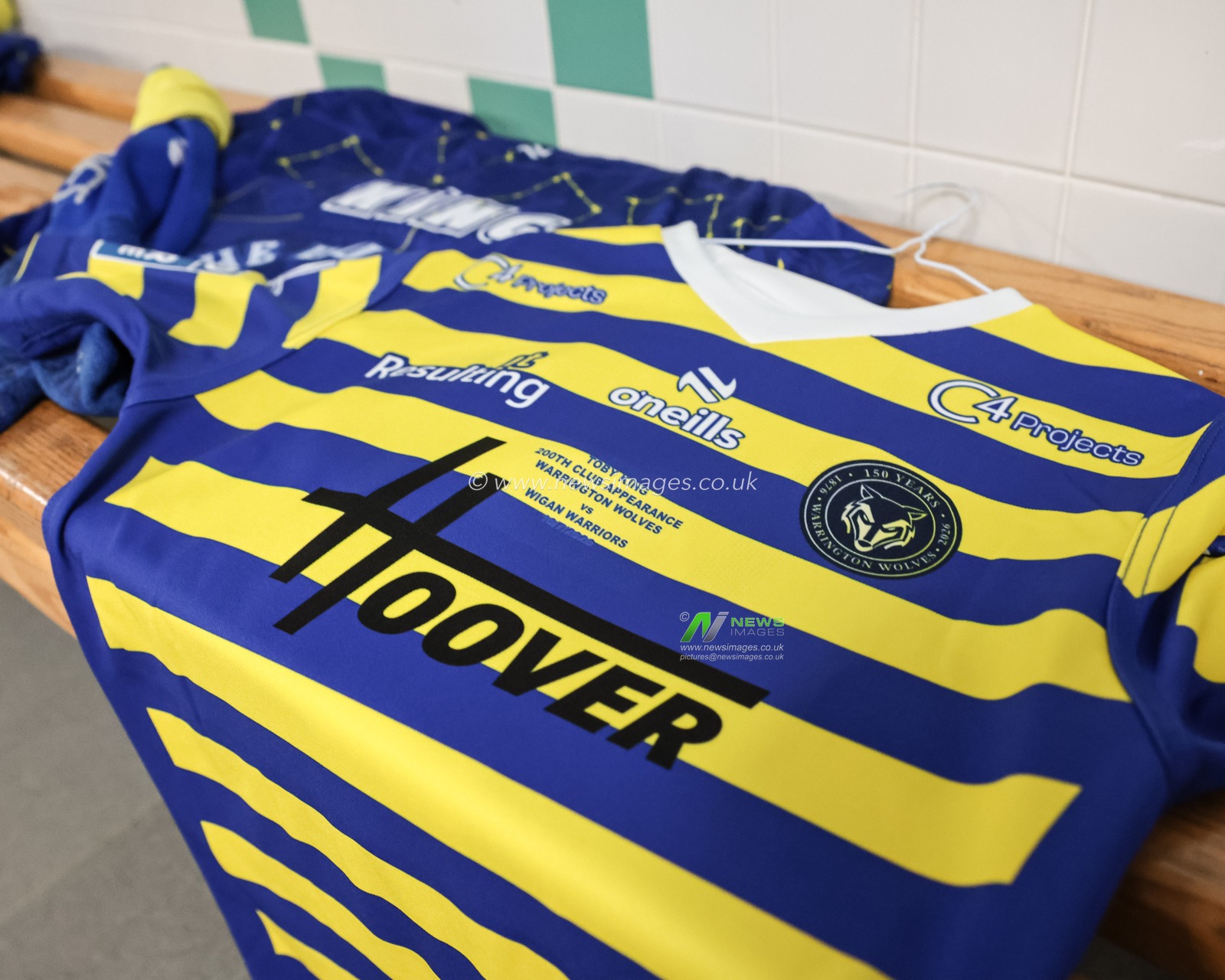 The shirt of Toby King of Warrington Wolves on his 200th Warrington appearance during the Betfred Super League round 18 match Wigan Warriors vs Warrington Wolves at The Brick Community Stadium, Wigan, United Kingdom on 10 July 2026

(Photo by Mark Cosgrove/News Images)
