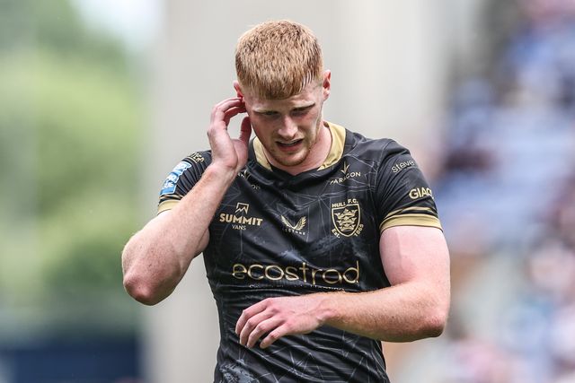 Harvey Barron of Hull FC during the Betfred Super League Round 19 match Wigan Warriors vs Hull FC at The Brick Community Stadium, Wigan, United Kingdom, 19th July 2025

(Photo by Alfie Cosgrove/News Images)