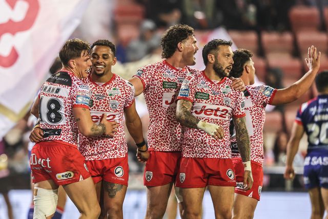 Keanan Brand of Leigh Leopards celebrates his try making it 4-0 during the Betfred Super League play-off Eliminator 1 match Leigh Leopards vs Wakefield Trinity at Progress With Unity Stadium, Leigh, United Kingdom, 26th September 2025

(Photo by Alfie Cosgrove/News Images)
