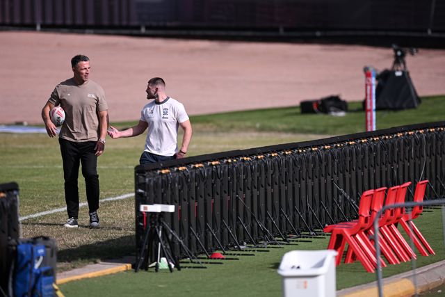Manager of Warrington Wolves, Sam Burgess, interacts with Danny Walker of Warrington Wolves prior to the Betfred Super League round 22 match Bradford Bulls vs Warrington Wolves at Odsal Stadium, Bradford, United Kingdom on 08 August 2026

(Photo by Ben Roberts/News Images)