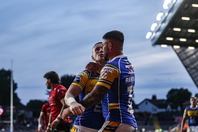 Harry Newman of Leeds Rhinos celebrates his try during the Betfred Super League round 19 match Leeds Rhinos vs Salford Red Devils at Headingley Stadium, Leeds, United Kingdom, 18th July 2025

(Photo by Alfie Cosgrove/News Images)