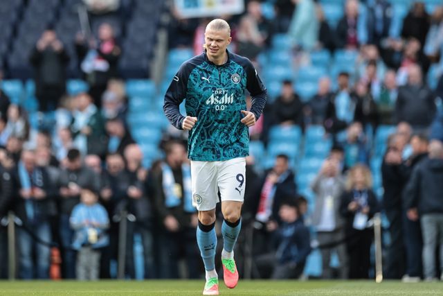 Erling Haaland of Manchester City in the pregame warmup session during the Premier League match Manchester City vs Arsenal at Etihad Stadium, Manchester, United Kingdom on 19 April 2026

(Photo by Mark Cosgrove/News Images)