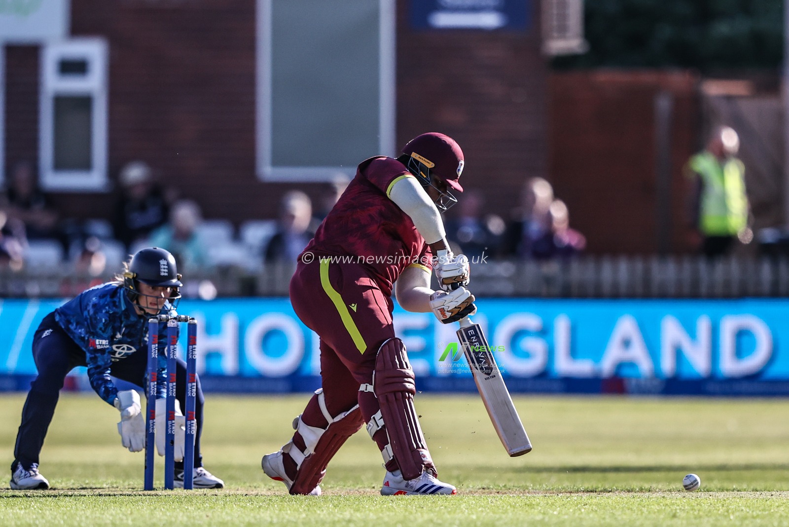 Qiana Joseph of West Indies hits the ball for one run tallying up 50 runs (half century) during the Metro Bank One Day International match England Women vs West Indies Women at Derbyshire County Cricket Club, Derby, United Kingdom, 30th May 2025

(Photo by Alfie Cosgrove/News Images)