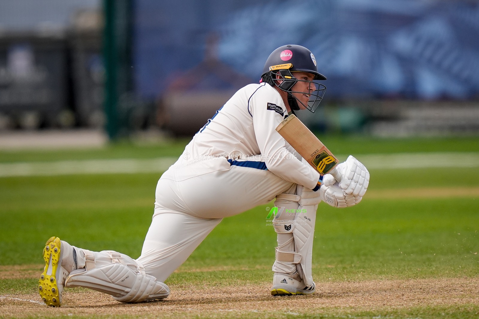 Luis Reece sweeps during the county Championship Division Two day 4 Derbyshire vs Gloucestershire at The Central Co-Op County Ground, Derby, United Kingdom on 27 April 2026

(Photo by Maynard Manyowa/News Images)