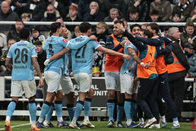 Omar Marmoush of Manchester City celebrates his goal to make it 1-3 with team mates during the Emirates FA Cup 5th Round  match Newcastle Untied vs Manchester City at St. James's Park, Newcastle, United Kingdom on 07 March 2026

(Photo by Mark Cosgrove/News Images)