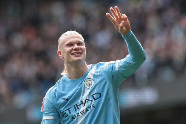 Erling Haaland of Manchester City celebrates his hat-trick as he makes it 4-0 during the Emirates FA Cup Quarter-Final match Manchester City vs Liverpool at Etihad Stadium, Manchester, United Kingdom on 04 April 2026

(Photo by Mark Cosgrove/News Images)