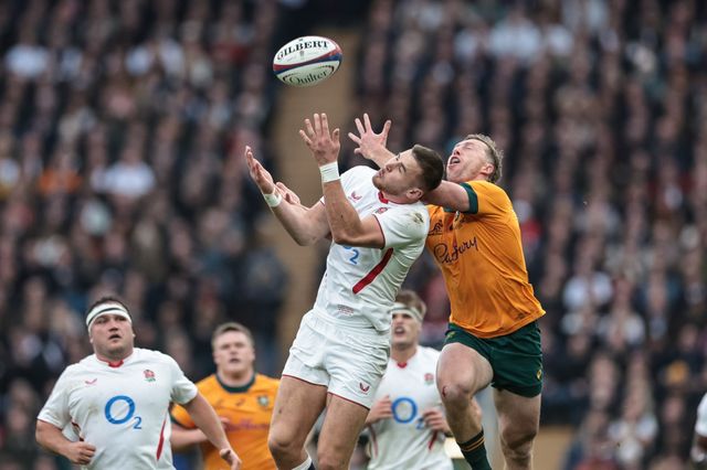 Freddie Steward of England and Harry Potter of Australia battle for the ball during the Quilter Nations Series 2025 match England vs Australia at Allianz Stadium, Twickenham, United Kingdom, 1st November 2025

(Photo by Mark Cosgrove/News Images)

*** GER AUT SUI OUT ***