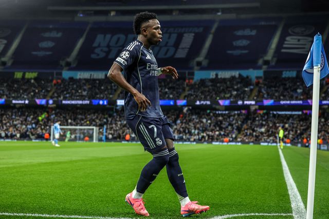 Vinicius Junior of Real Madrid celebrates his goal to make it 0-1 (0-4) during the UEFA Champions League last 16 second leg match Manchester City vs Real Madrid at The City of Manchester Stadium, Manchester, United Kingdom on 17 March 2026

(Photo by Mark Cosgrove/News Images)