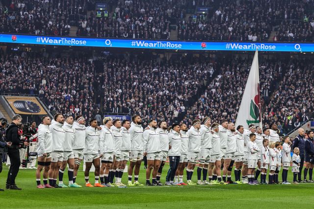 England stand for the National Anthem during the Quilter Nations Series 2025 match England vs New Zealand at Allianz Stadium, Twickenham, United Kingdom, 15th November 2025

(Photo by Mark Cosgrove/News Images)

*** GER AUT SUI OUT ***