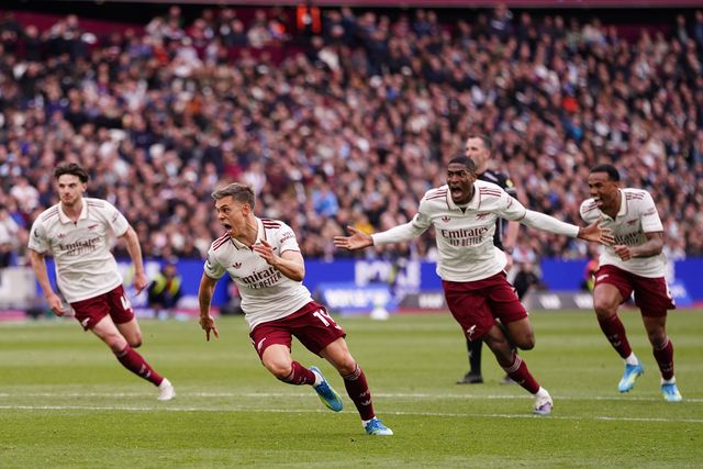 Leandro Trossard of Arsenal celebrates goal to make it 0-1 during the Premier League match West Ham United vs Arsenal at London Stadium, London, United Kingdom on 10 May 2026

(Photo by Harvey Murphy/News Images)