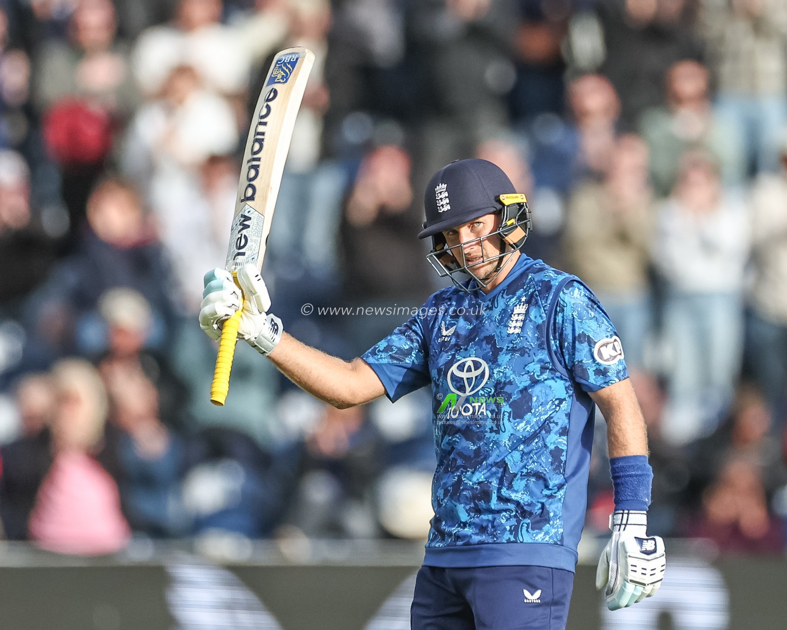 Joe Root of England celebrates his century and half (150 runs) during the 2nd Metro Bank ODI England v West Indies at Sophia Gardens Cricket Ground, Cardiff, United Kingdom, 1st June 2025

(Photo by Mark Cosgrove/News Images)