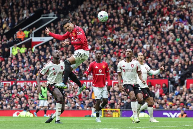 Casemiro of Manchester United heads on goal, saved by keeper during the Premier League match Manchester United vs Liverpool at Old Trafford, Manchester, United Kingdom on 03 May 2026

(Photo by Mark Cosgrove/News Images)